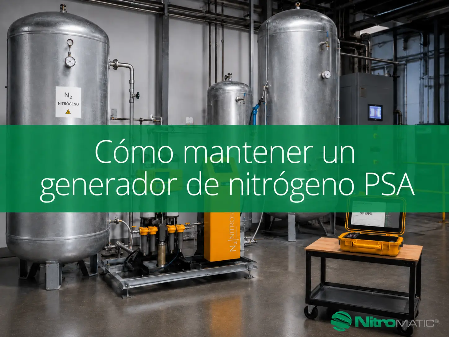 Técnico profesional inspeccionando un generador de nitrógeno PSA industrial con herramientas para mantenimiento preventivo y optimización de rendimiento.
